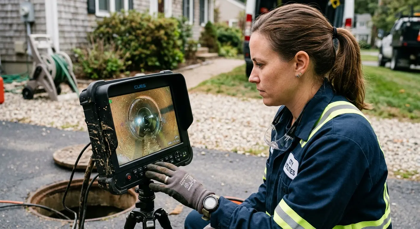 Technician reviewing sewer camera inspection footage in Harrisonburg