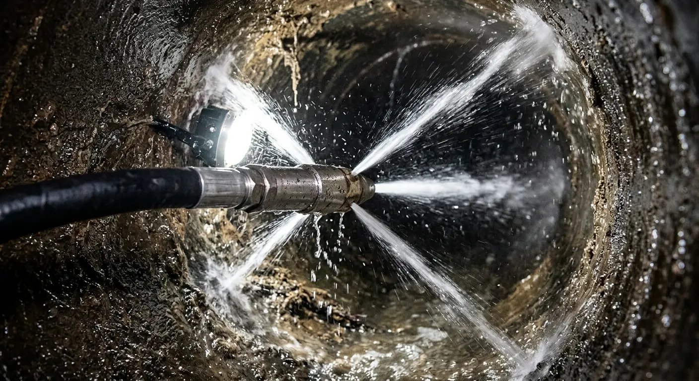 High-pressure hydro jetting nozzle cleaning sewer pipe for Storm Drain Cleaning in Harrisonburg