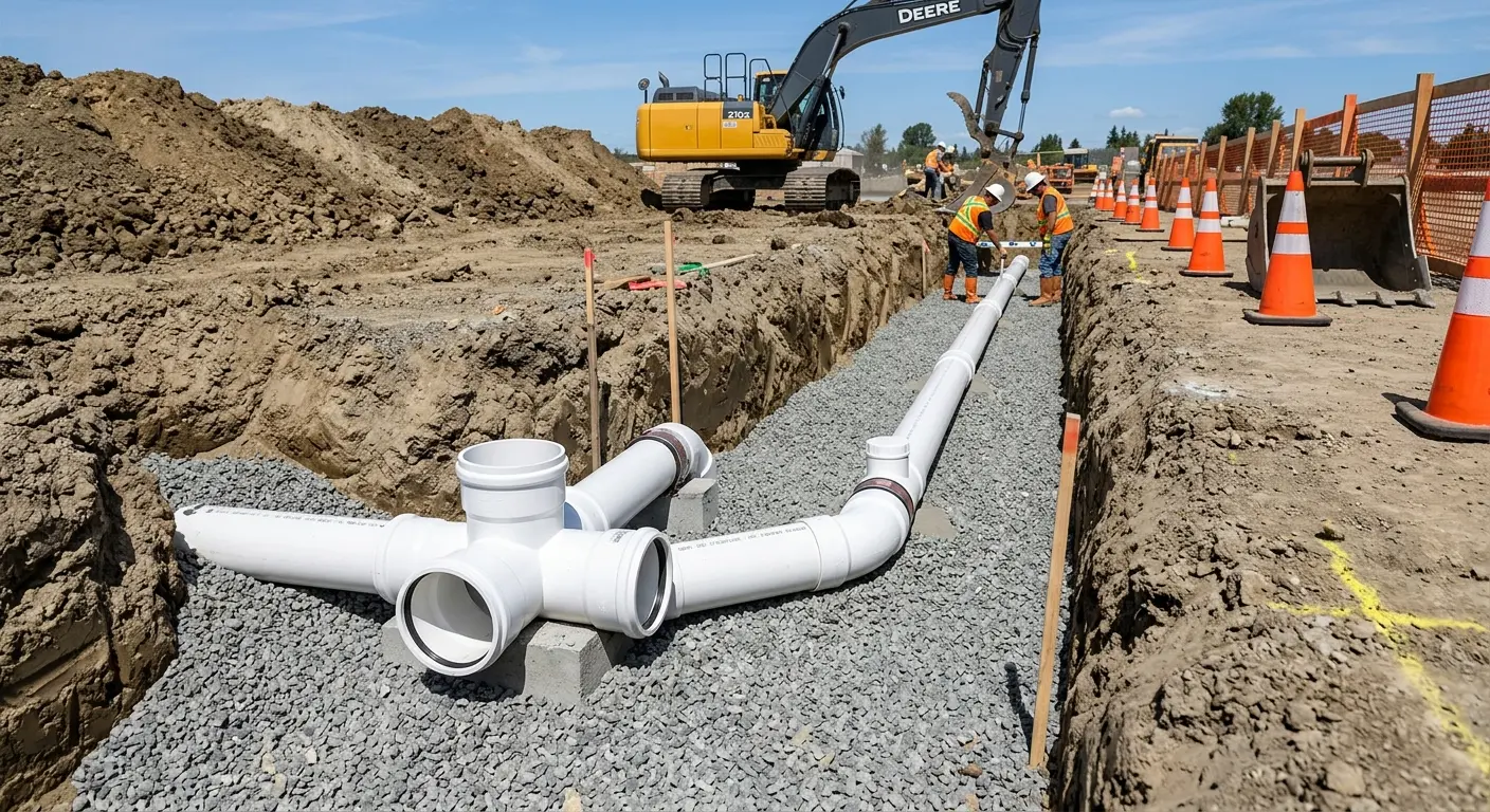 New PVC sewer pipe installation in open trench for Grease Trap Cleaning in Harrisonburg