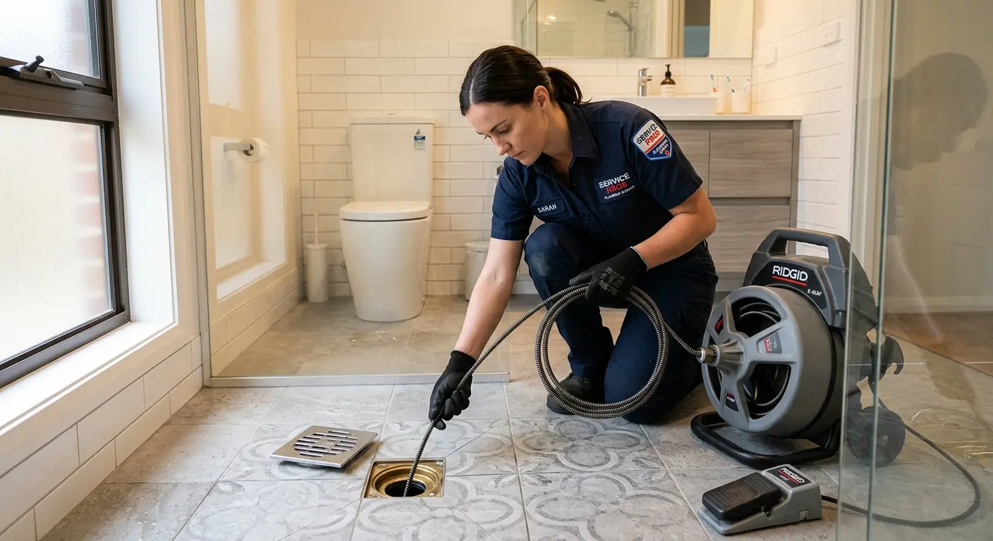Technician clearing a bathroom floor drain for Drain Cleaning in Harrisonburg